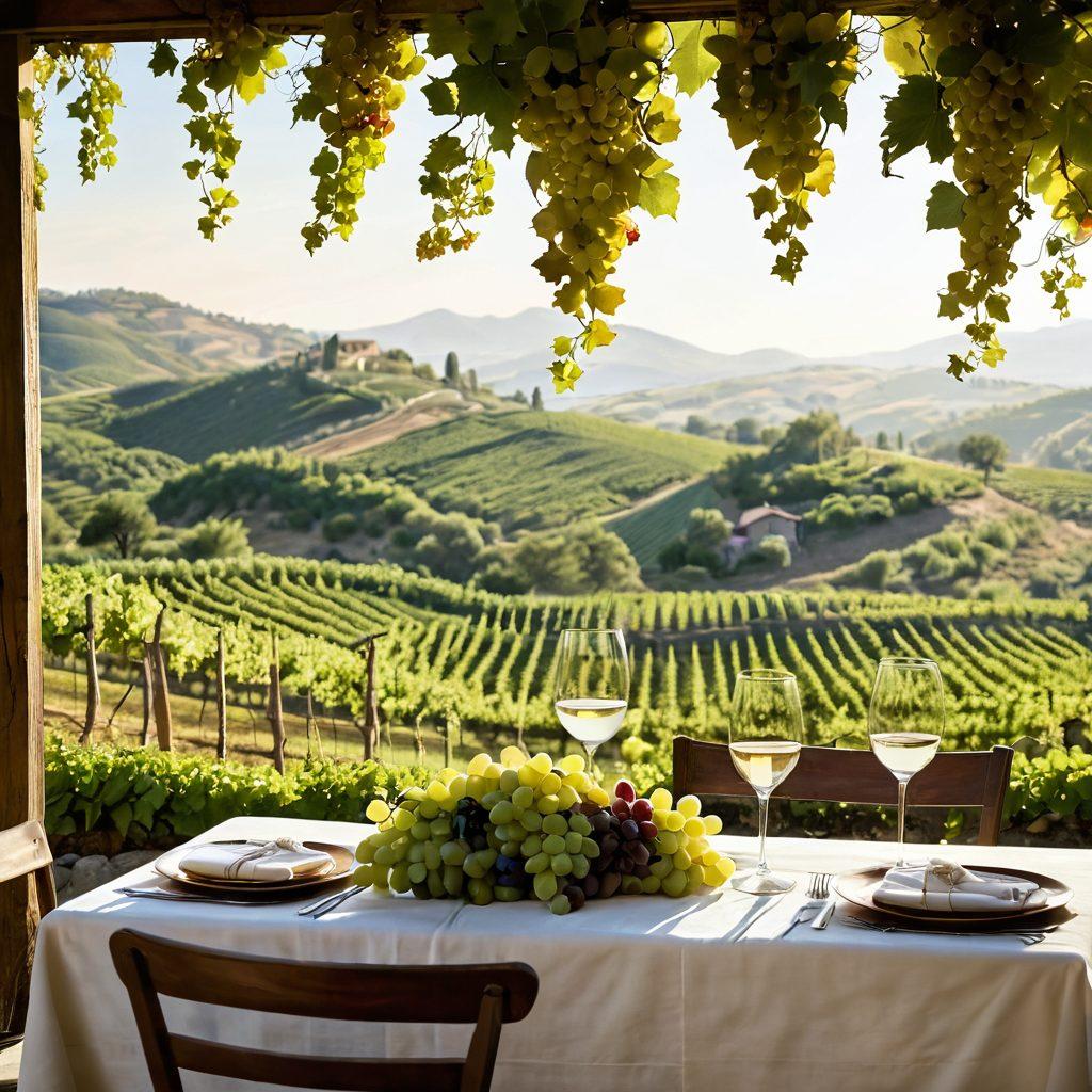 A serene vineyard bathed in golden sunlight, featuring a rustic wooden table set with an array of wine glasses filled with various wines, surrounded by lush green grapevines and blooming flowers. An inviting backdrop of rolling hills suggests tranquility and wellness, with soft, warm colors creating a cozy atmosphere. Include a gentle breeze indicated by slight movement in the tablecloth and vines. super-realistic. vibrant colors. 3D.