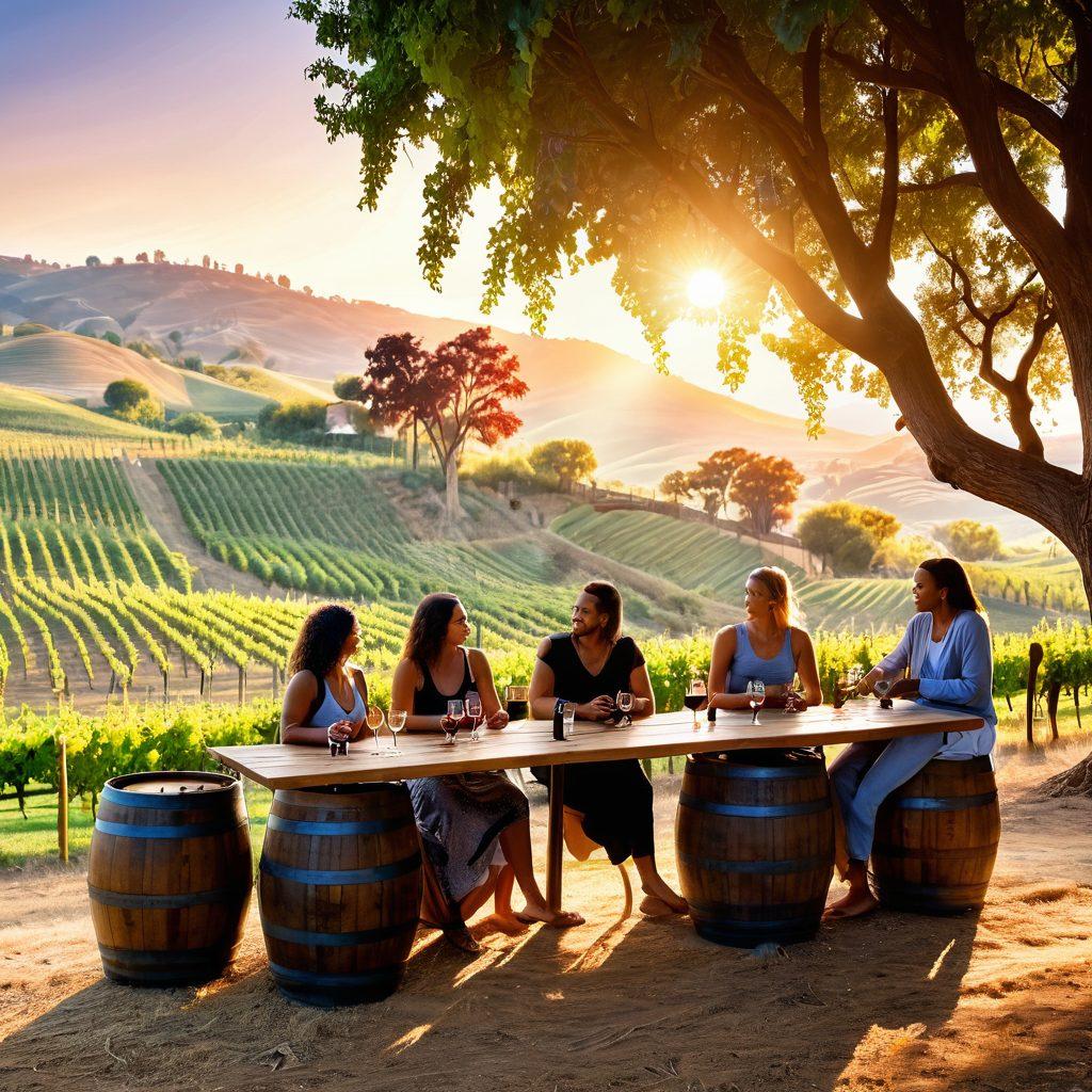 A serene vineyard landscape at sunset, with wooden wine barrels and grapevines stretching across rolling hills. A diverse group of happy people engaged in a wine tasting, sipping from beautifully crafted glasses, surrounded by holistic health symbols like herbs and yoga mats. Light pours through the trees, creating a warm, inviting atmosphere. super-realistic. vibrant colors. soft focus.