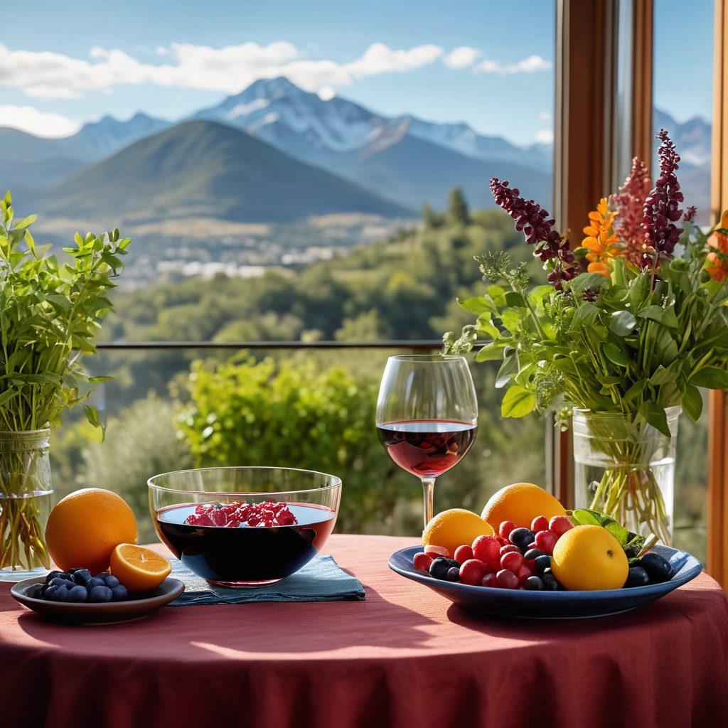 A serene table setting featuring a glass of red wine alongside a variety of holistic health elements like fresh herbs, essential oils, and a bowl of colorful fruits. Soft sunlight filters through, casting a warm glow on the scene. In the background, gentle mountains and a clear blue sky enhance the feeling of tranquility and balance. Artfully arranged to symbolize harmony between indulgence and health. super-realistic. vibrant colors. natural light.